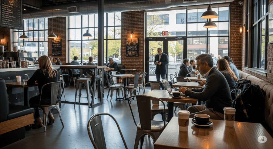 Busy American cafe with a person on a laptop surrounded by multiple coffee cups, indicating repeat purchases for a long stay.