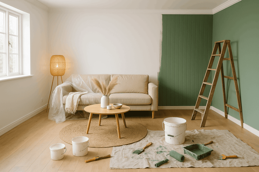 A partially renovated boho-style living room with wooden elements, textiles, and open paint cans
