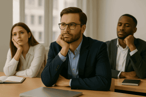 Three professionals in modern office attire sit at a desk, one staring blankly ahead while others appear thoughtful, capturing a moment of quiet boredom at work.