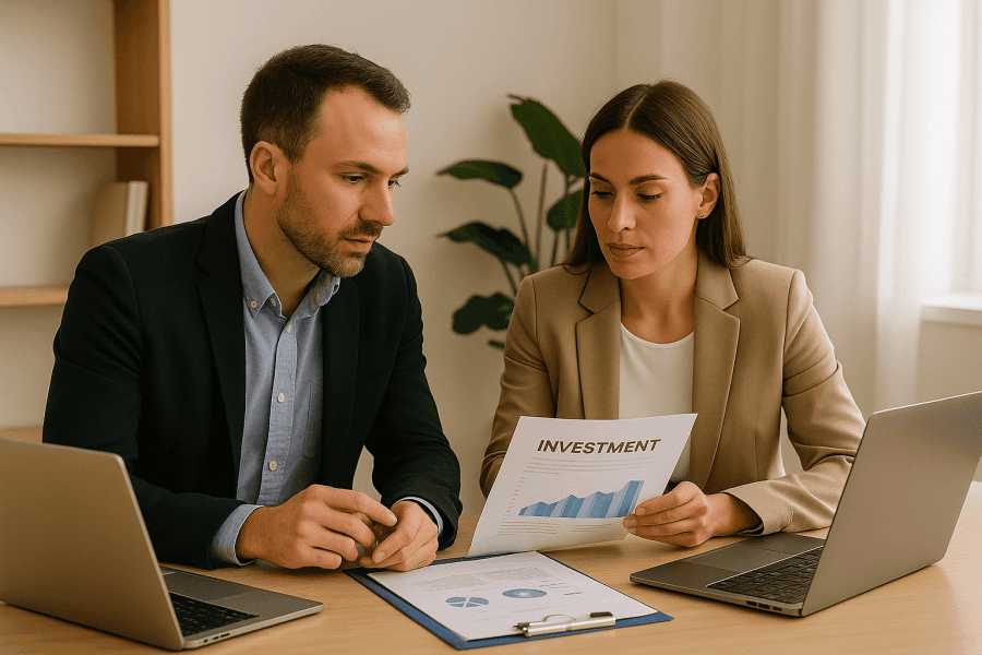 Two professionals, a man and a woman, discussing financial plans at a modern office with laptops and documents on the table.