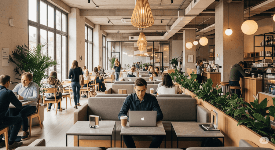 Young person working on a laptop in a modern, bustling cafe with a coffee cup, showing a relaxed yet productive atmosphere.