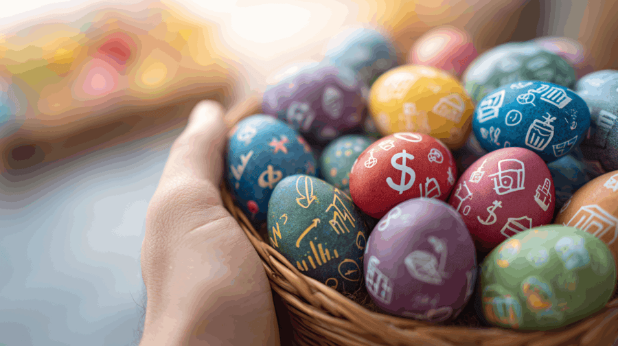 Close-up of a hand holding a colorful basket filled with eggs painted with financial symbols like dollar signs, stock charts, and real estate icons, symbolizing investment diversification
