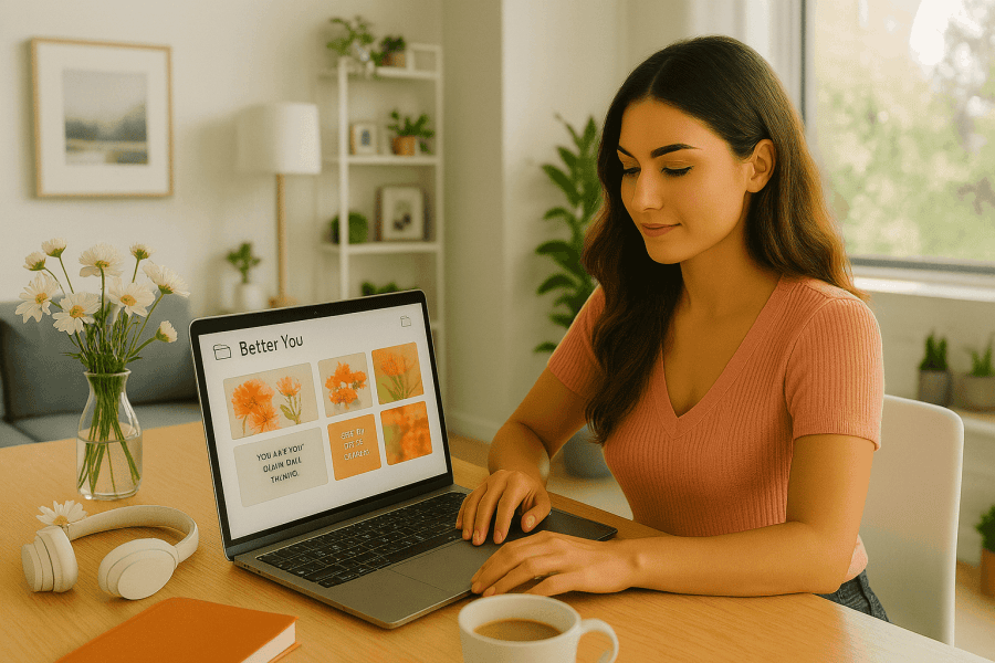 A focused woman in a bright modern workspace curates a digital inspiration folder on her laptop, surrounded by soft light and minimal decor.