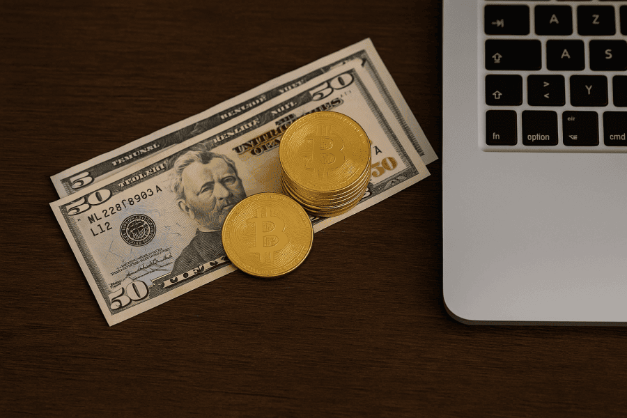 Stacked Bitcoin coins on dollar bills next to a laptop, symbolizing risky all-in crypto investing.