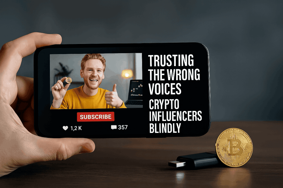Person holding smartphone showing crypto influencer promoting Bitcoin, with subscribe button and engagement stats.