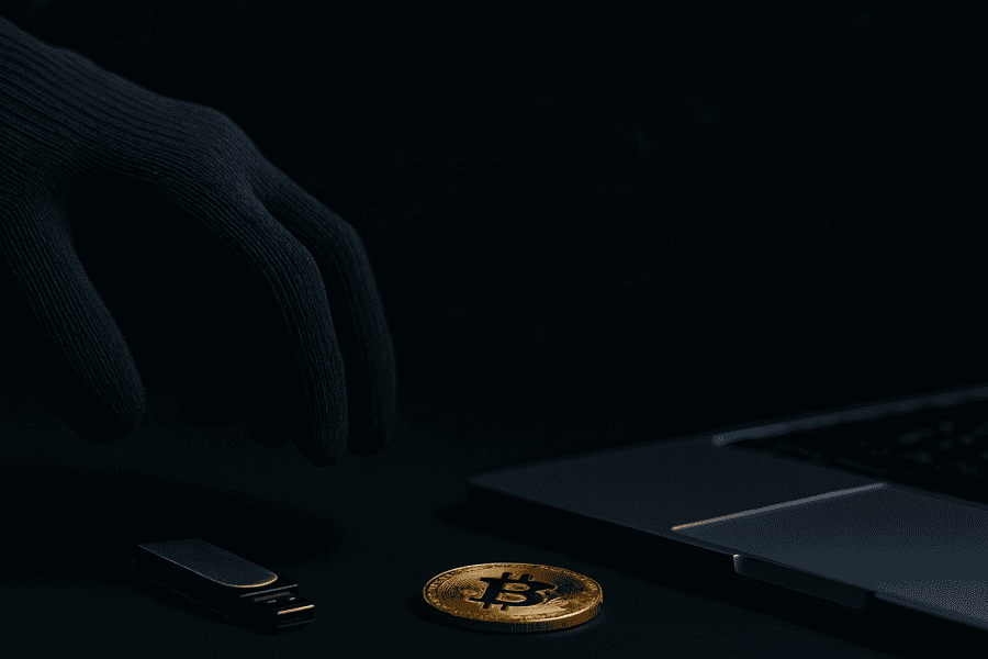 Gloved hand reaching toward USB drive and Bitcoin coin, symbolizing crypto security risks.