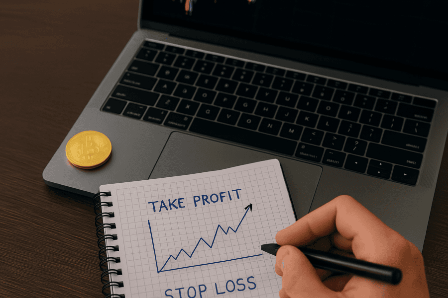 Hand writing crypto exit strategy in notebook, with Bitcoin coin and laptop chart in background.
