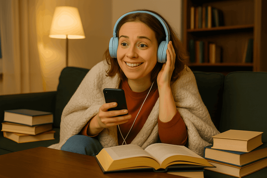 Young woman relaxing on a couch with headphones and a soft smile, enjoying a thoughtful podcast.