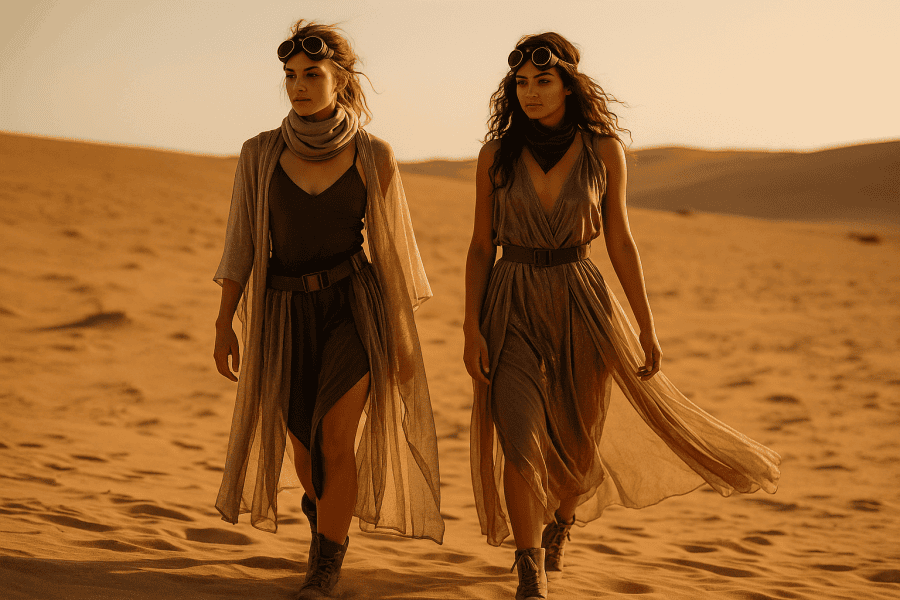 Two women in desert-inspired festival fashion, wearing layered light fabrics and futuristic accessories, walking across sandy terrain under dramatic sunlight