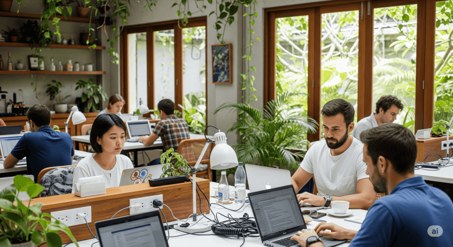 Tropical cafe coworking space in Thailand or Bali with many accessible power outlets and people working on laptops.