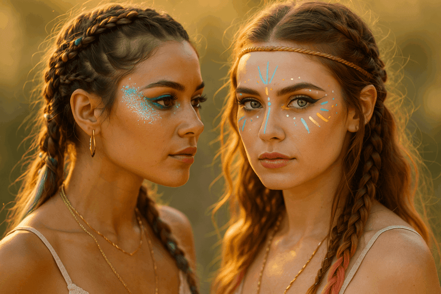 Two young women with elaborate festival makeup and styled hair, including braids, glitter, and colorful accessories, preparing for an outdoor celebration