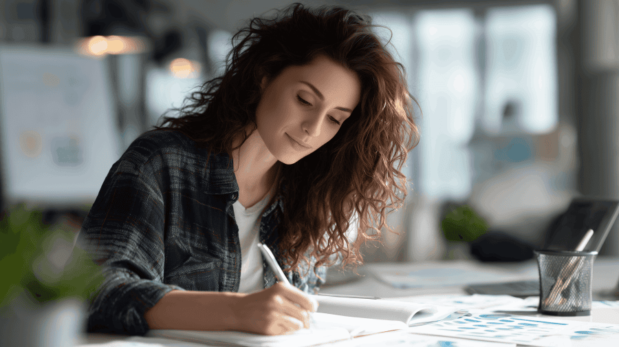 Young professional woman writing clear goals and plans in a notebook at a desk in a bright modern office