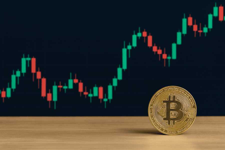Bitcoin coin in front of a crypto candlestick chart, symbolizing risky FOMO trading.