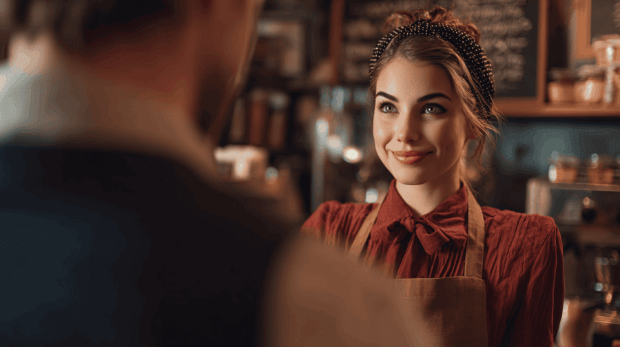 Friendly female barista smiling warmly at a customer in a cozy cafe setting.