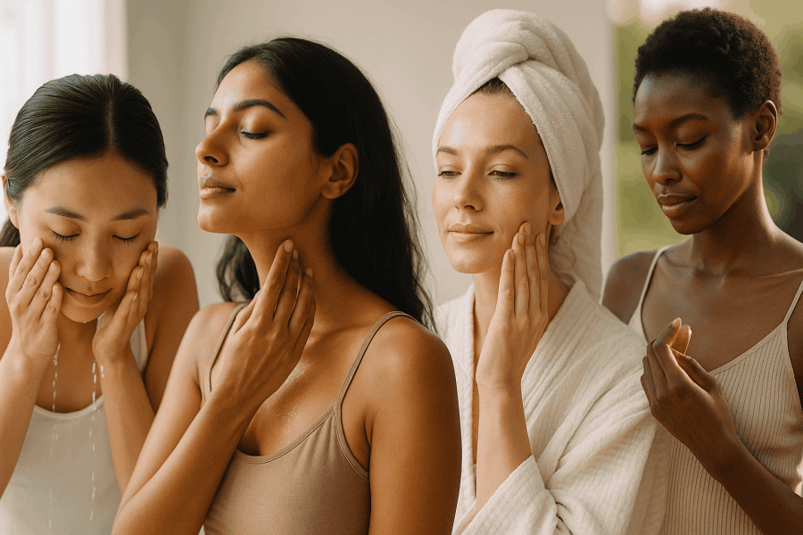 Four women from diverse cultures practicing beauty rituals in natural light, each engaged in a different self-care moment