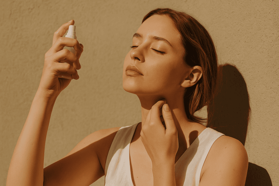 Woman shielding her face from dry sunlight, applying skincare in a desert-like climate setting