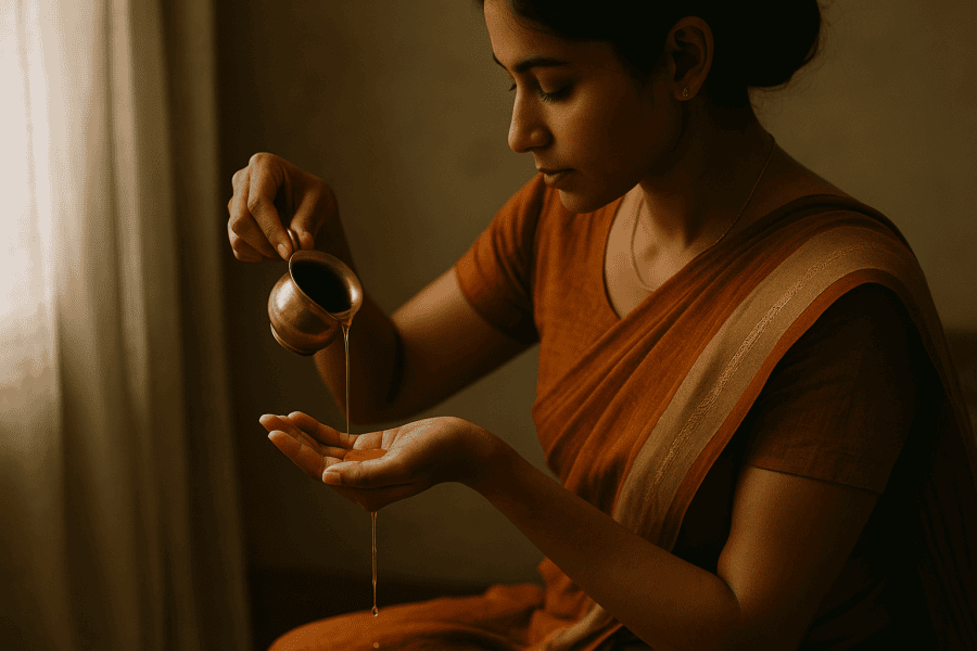 South Asian woman gently pouring warm oil into her hands as part of a traditional Ayurvedic skincare ritual