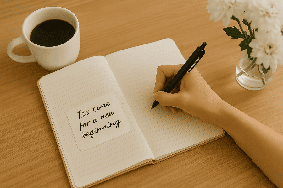 A close-up of a woman's hand highlighting an inspirational sentence in a notebook, with a coffee cup nearby on a wooden desk.