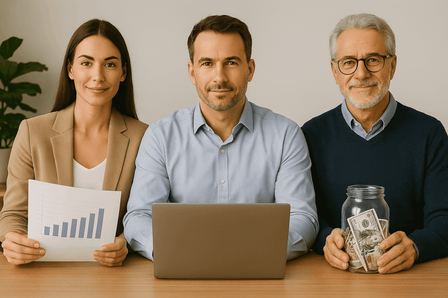 Three people of different ages planning financial investments together