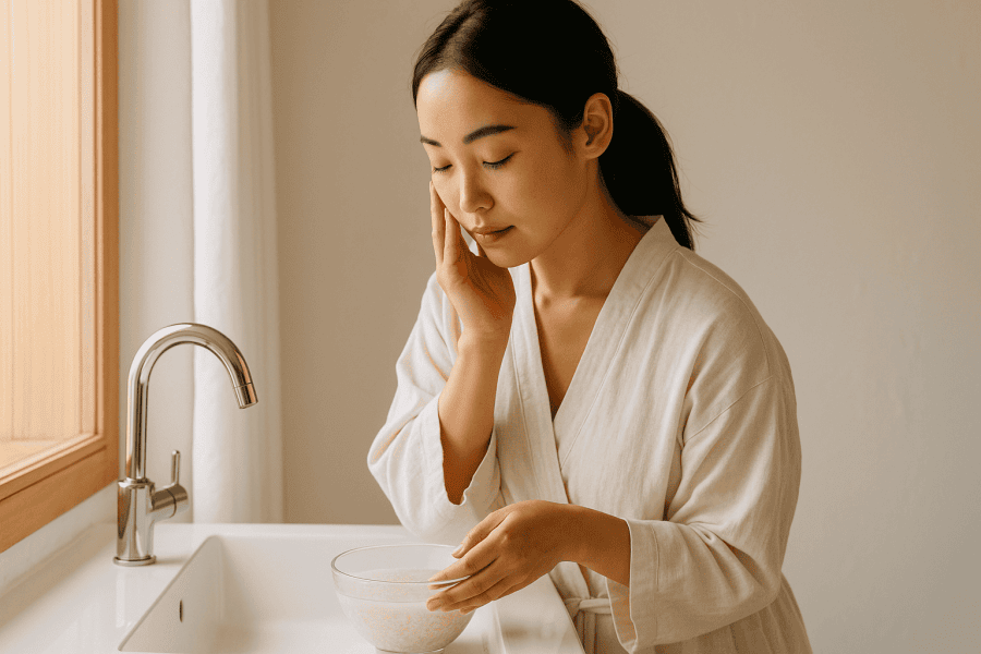 Young East Asian woman standing at a sink, preparing rice water for a traditional skincare ritual in soft morning light