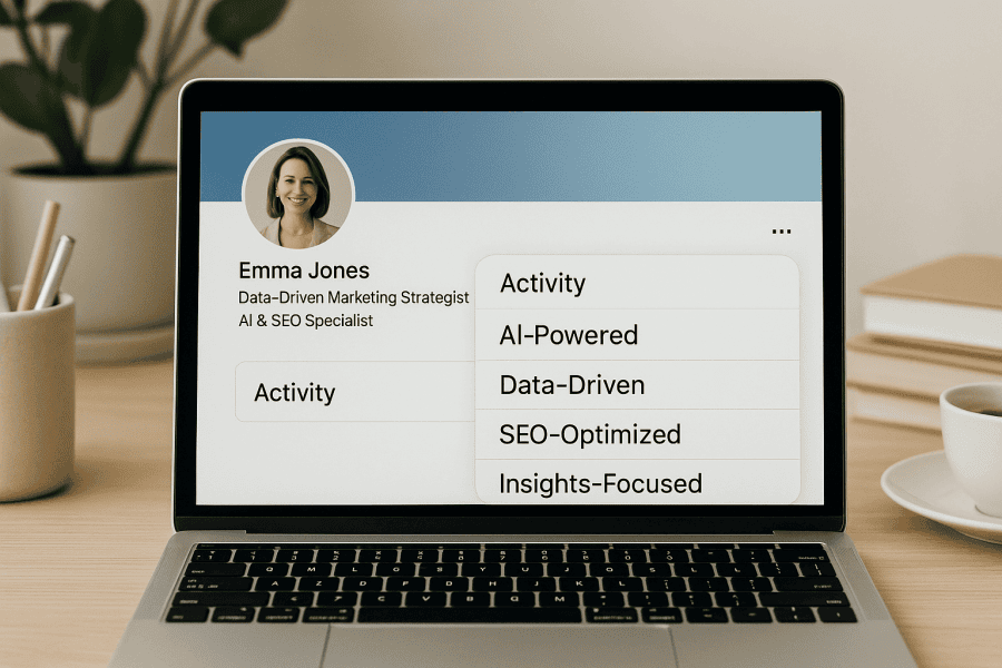 A modern laptop screen displaying a LinkedIn profile with highlighted keywords, symbolizing AI-optimized language for better search visibility