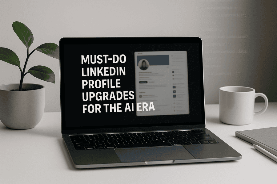 A modern digital workspace with a sleek laptop showing a LinkedIn profile interface, surrounded by minimalist office accessories and soft natural light