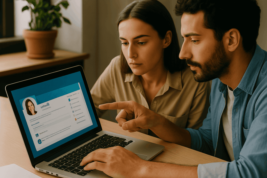 A young Caucasian man and woman reviewing a LinkedIn profile together on a laptop, seated in a modern, well-lit workspace