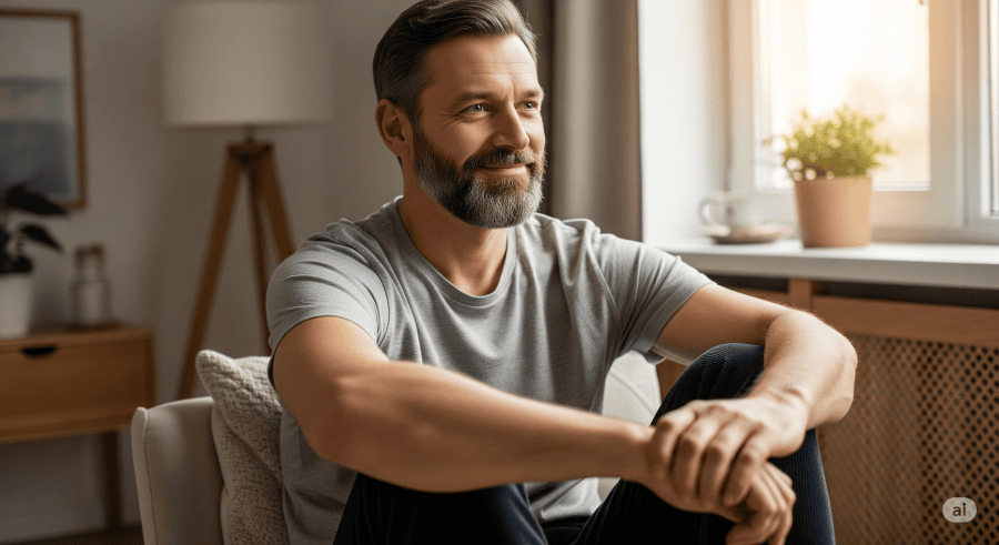 "A man sitting quietly and smiling, reflecting on a positive moment at the end of the day, in soft light