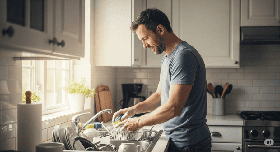Man standing over a full sink washing dishes in a brightly lit kitchen