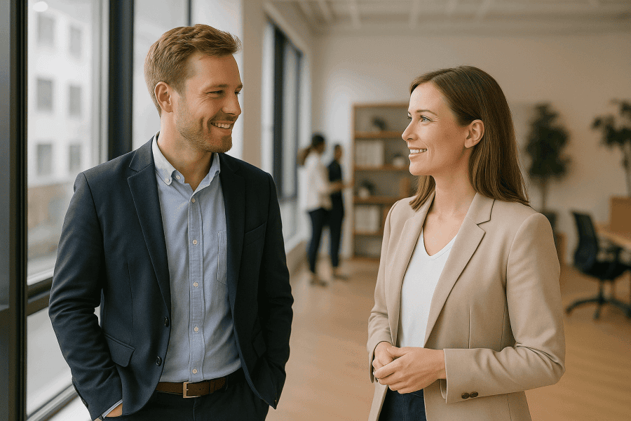 Two professionals standing in a bright office hallway, engaged in a casual but focused conversation, both smiling and making eye contact.