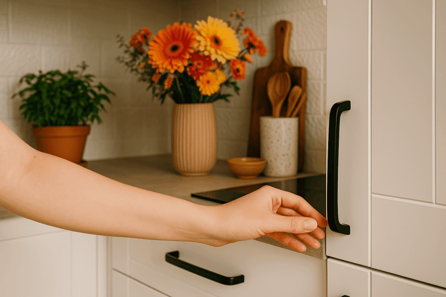 A hand reaching to open a modern kitchen cabinet with a sleek black handle, surrounded by stylish kitchen accessories and plants