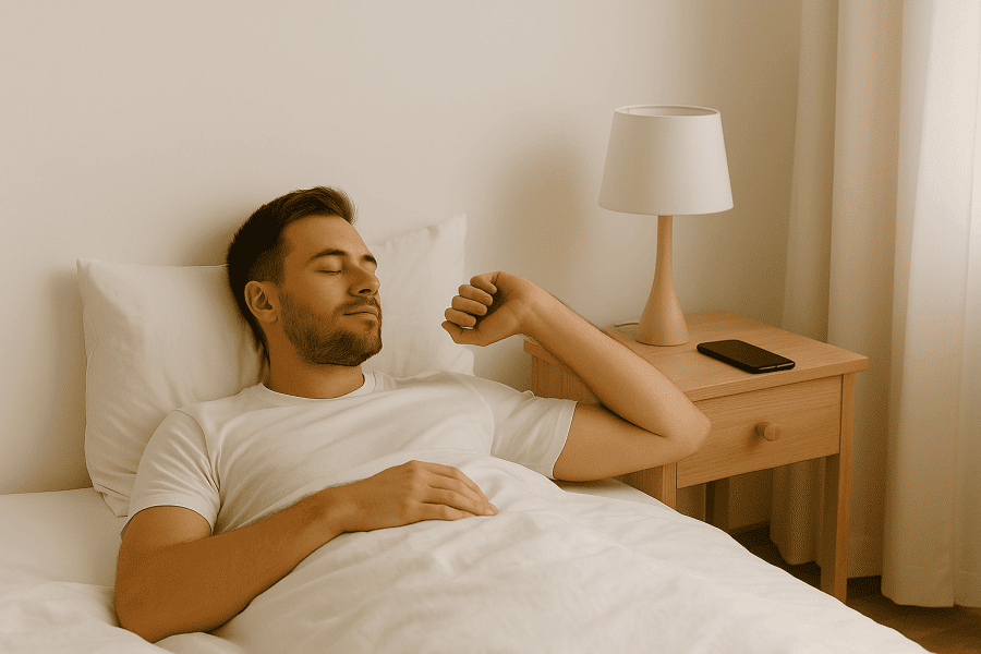 Person waking up peacefully with phone placed aside