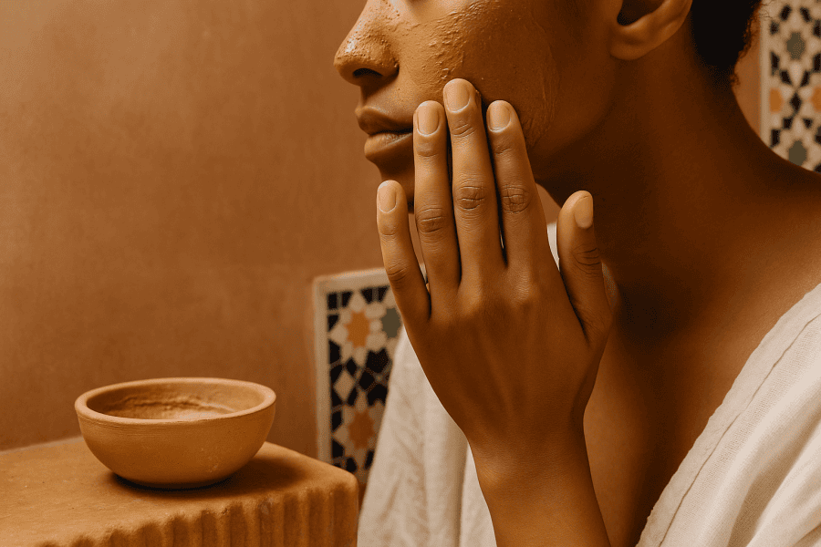 Close-up of hands applying rhassoul clay mask on shoulder, with earthy Moroccan background