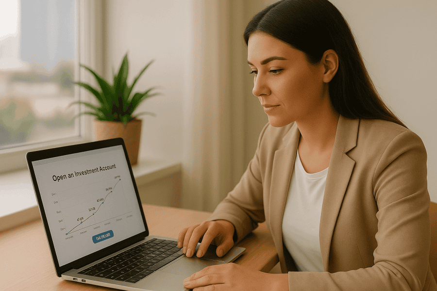 A young woman in her mid-20s focused on her laptop, reviewing investment graphs and data with clear numbers and an emphasized “Invest Now” button on screen.