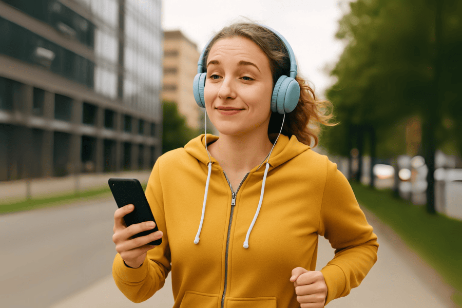 Young woman jogging in the city with headphones and a playful smile, listening to a podcast on the go.