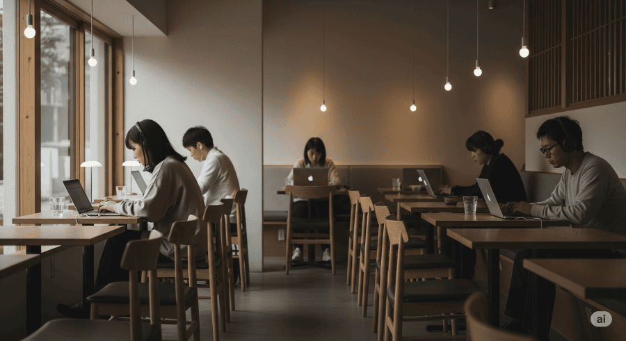 Quiet Japanese cafe interior where people work silently on laptops, some with headphones, highlighting a serene and respectful atmosphere.