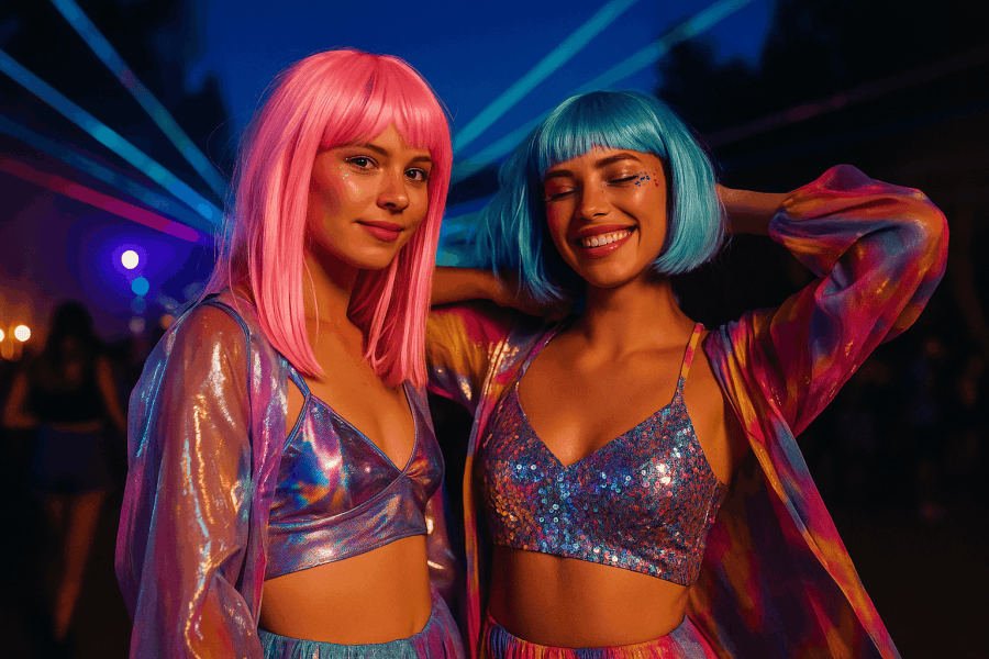 Two women in neon and metallic festival outfits dancing at an outdoor rave at night, surrounded by colorful lights and vibrant energy