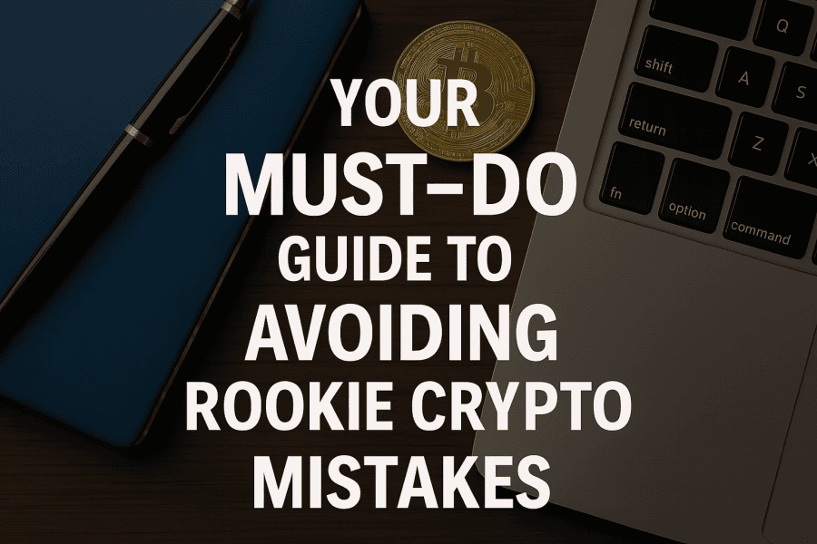 Flat lay of a Bitcoin coin, laptop, and notebook with text overlay about avoiding rookie crypto trading mistakes.