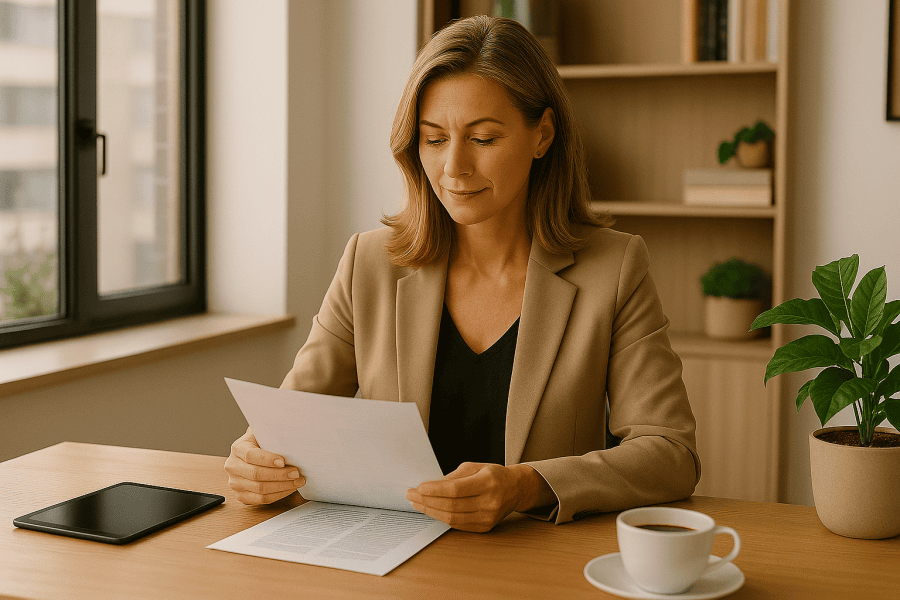A mature woman in a bright modern office reviewing documents with a tablet on the desk, surrounded by natural light and plants.