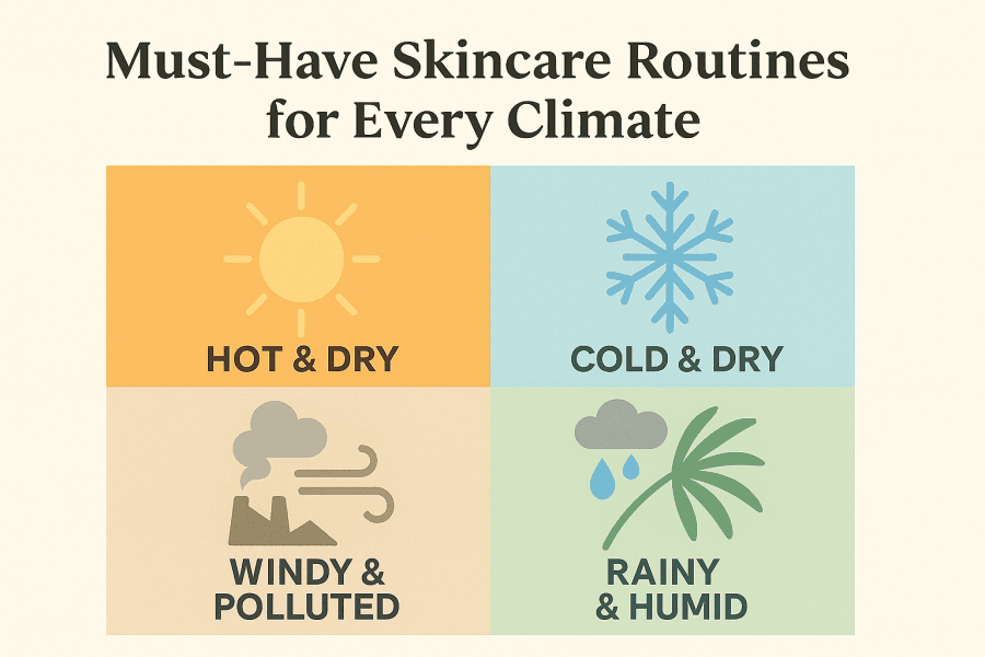 Infographic of skincare routines by climate: hot & dry, cold & dry, windy & polluted, rainy & humid