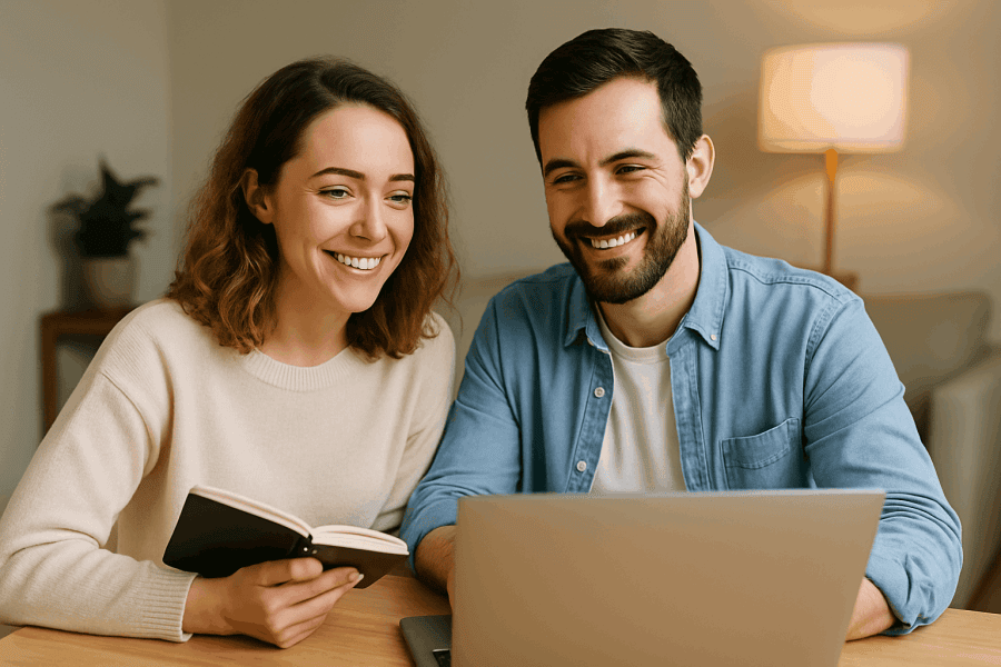 A light-skinned couple smiling and discussing while sitting at a table with a laptop and notebook, in a warm home setting