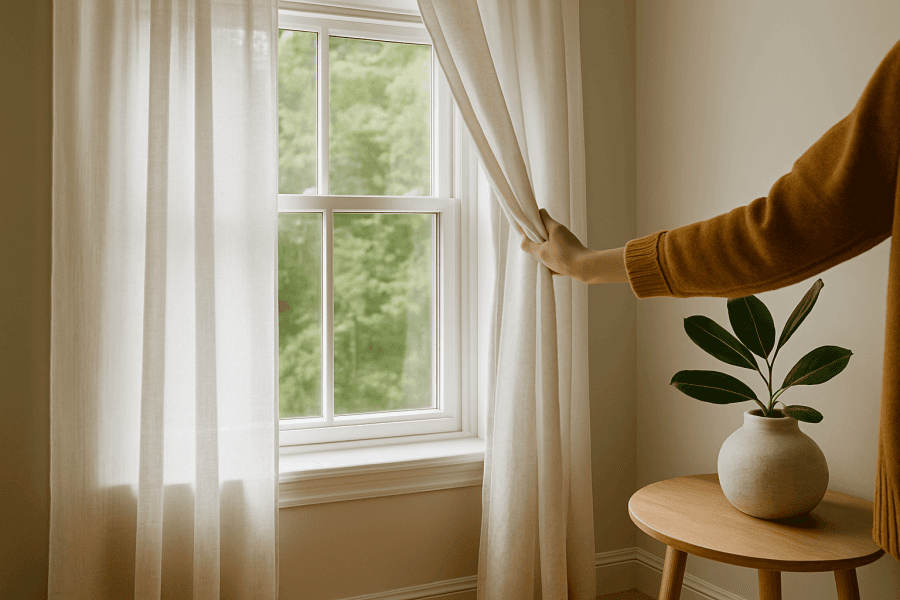 A bright, sunlit living room with sheer white curtains and a mirror reflecting natural light