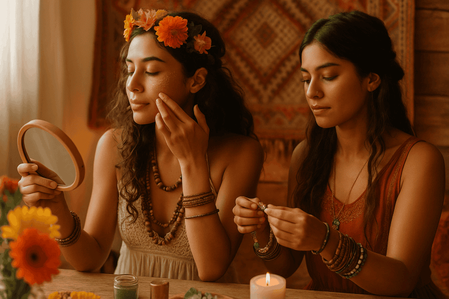 Two young women wearing earthy-toned, sustainable festival outfits made from natural fabrics, walking in a sunlit outdoor setting