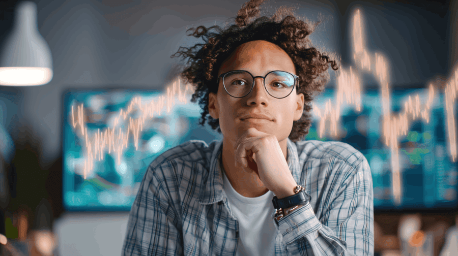 Thoughtful young investor sitting calmly at a desk with stock charts and emotional icons in the background, symbolizing emotional control in investing