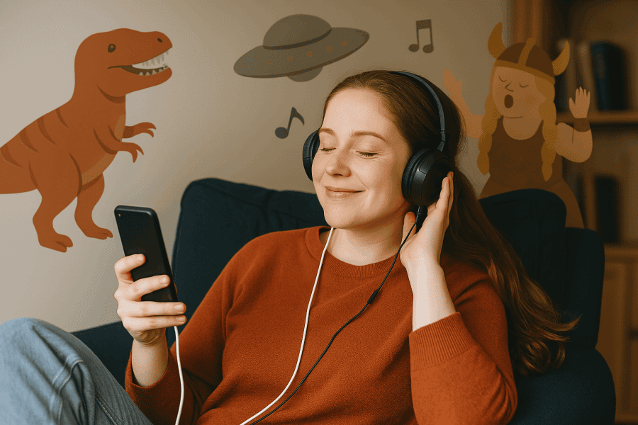 Woman listening to a podcast with headphones, surrounded by playful decorative elements, representing creative podcast formats.