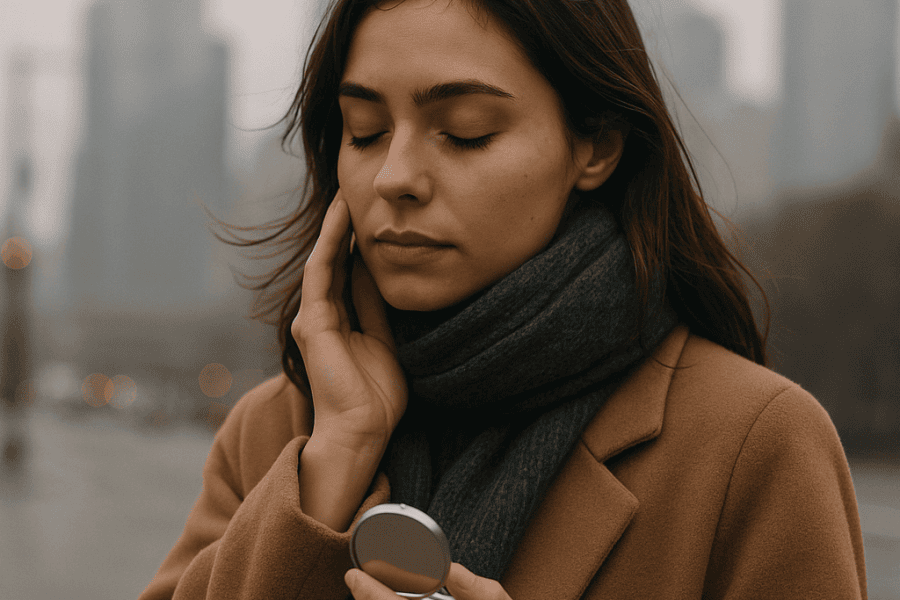 Woman touching her face while holding a compact mirror on a smoggy city street, dressed in a trench coat and scarf