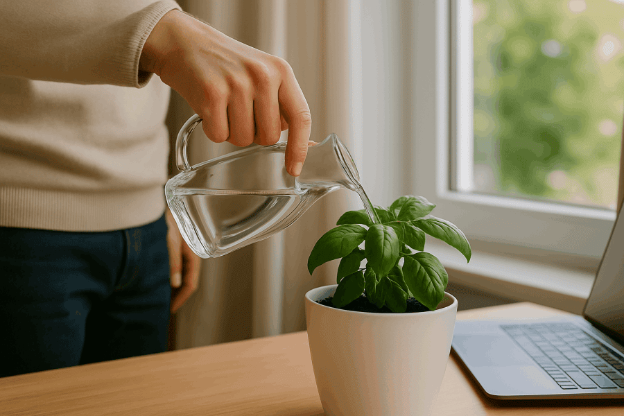 A close-up of a hand watering a basil plant indoors