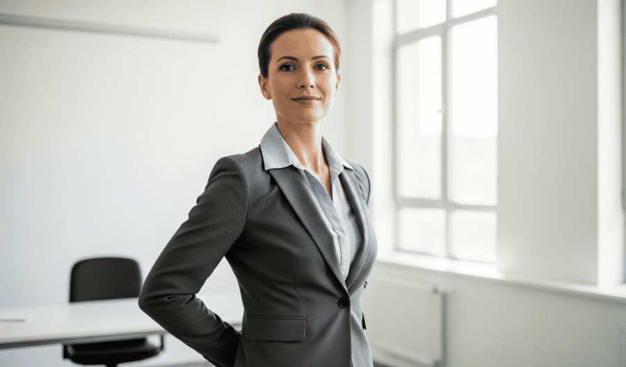 A woman standing with excellent posture, shoulders back and head held high, exuding alertness and confidenc